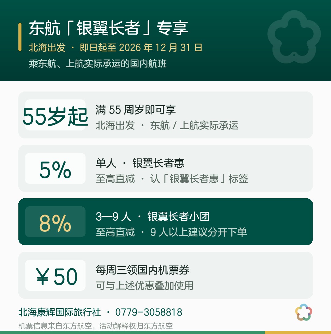 东航「银翼长者」长者出行特惠要点