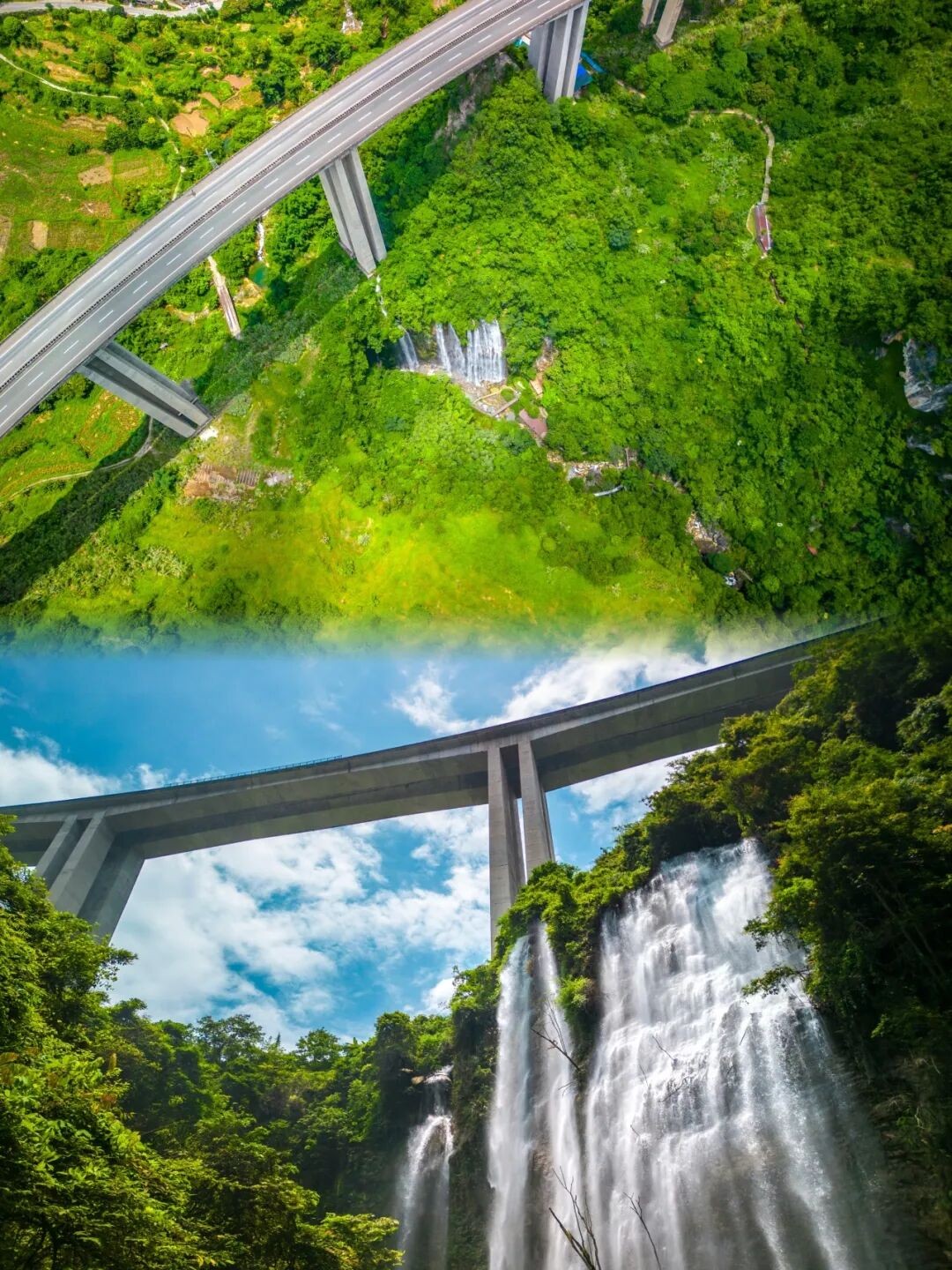 古龙山大瀑布,高速大桥从瀑布上方跨谷而过