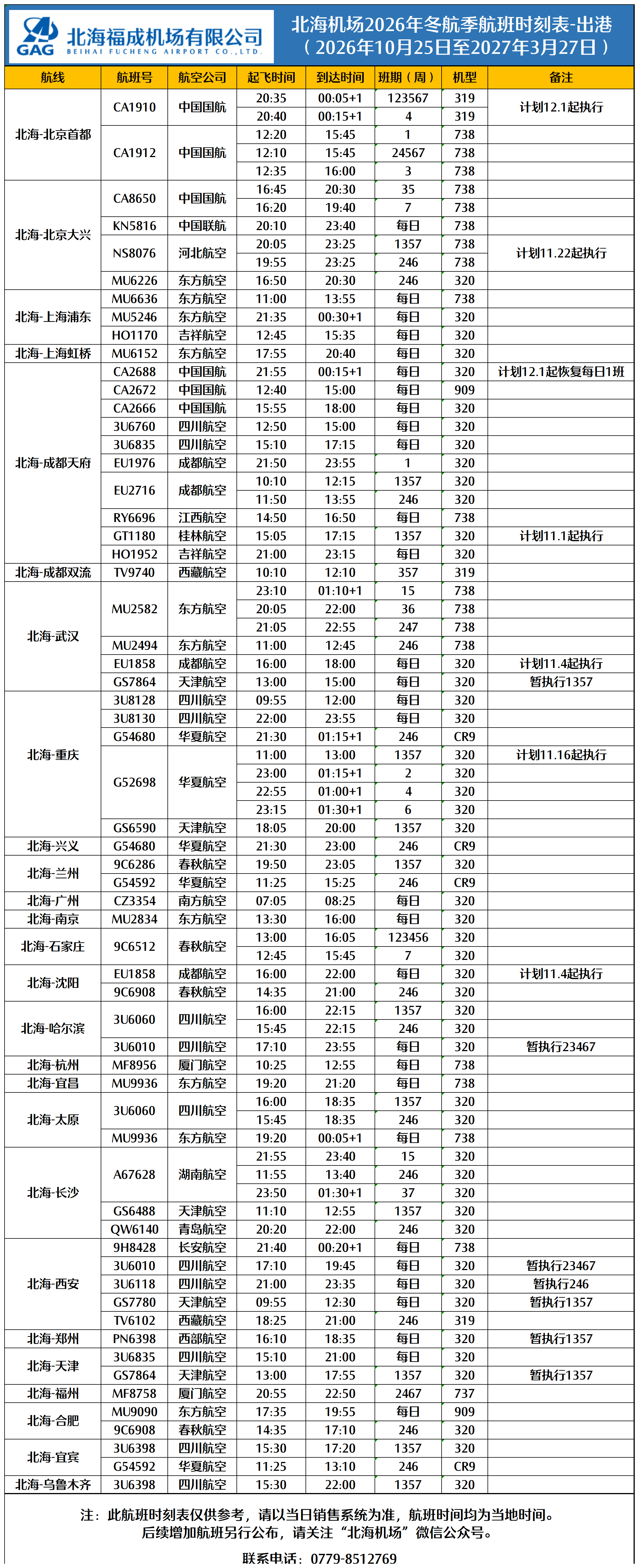 北海机场2026年冬航季航班时刻表（出港）