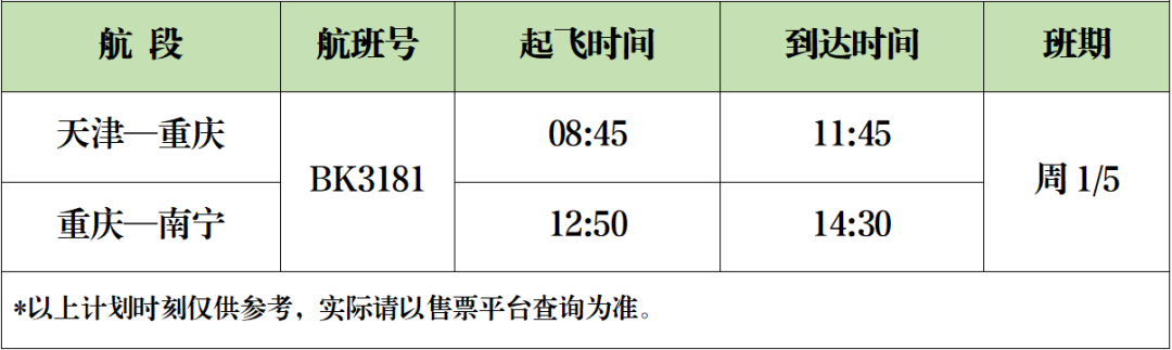 天津-重庆-南宁 回程时刻